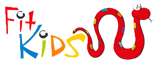 Bunte Schrift mit "Fit Kids" und einer roten Schlange mit bunten Punkten.