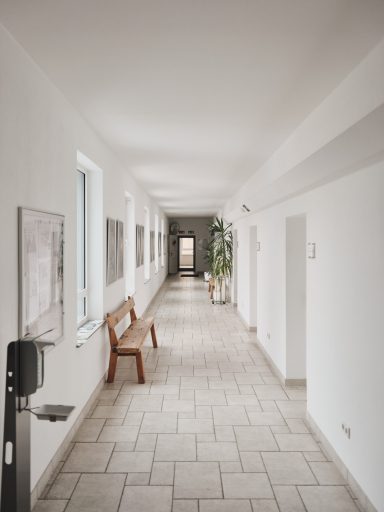 Langer, heller Flur mit Bank, Pflanzen und Fenster, schlichte Fliesen.